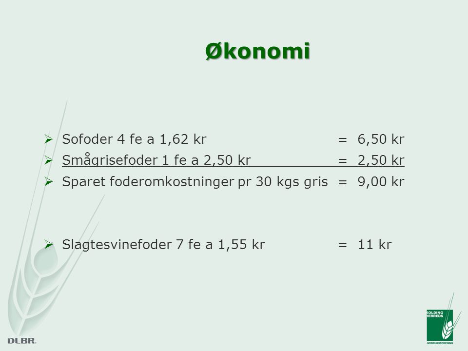 Økonomi  Sofoder 4 fe a 1,62 kr = 6,50 kr  Smågrisefoder 1 fe a 2,50 kr = 2,50 kr  Sparet foderomkostninger pr 30 kgs gris= 9,00 kr  Slagtesvinefoder 7 fe a 1,55 kr= 11 kr