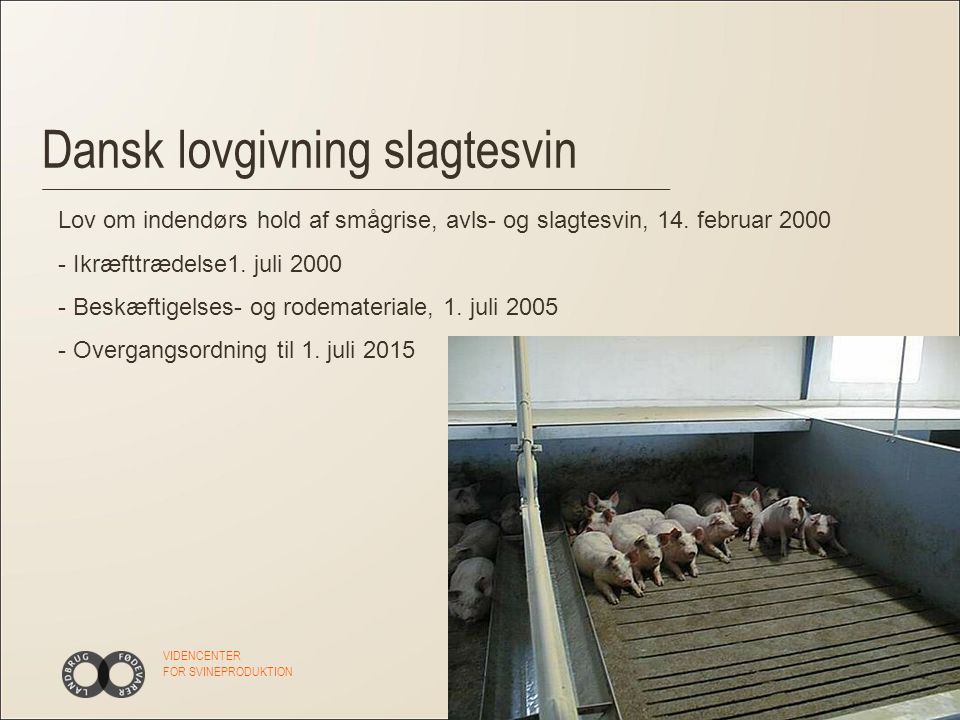 VIDENCENTER FOR SVINEPRODUKTION Dansk lovgivning slagtesvin Lov om indendørs hold af smågrise, avls- og slagtesvin, 14.