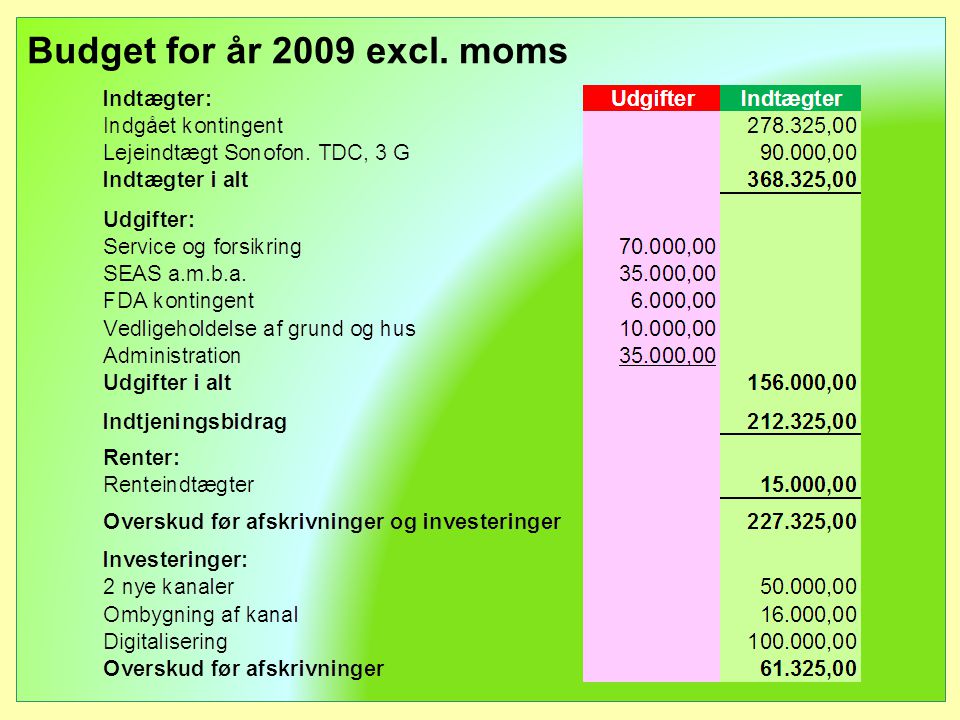 Budget for år 2009 excl. moms