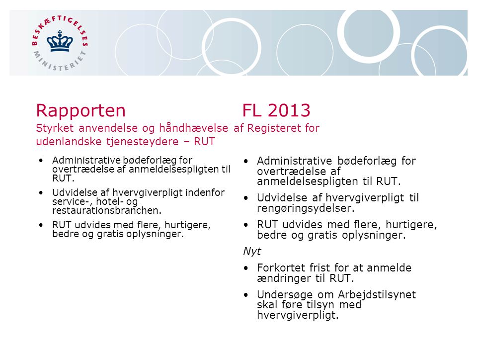 RapportenFL 2013 Styrket anvendelse og håndhævelse af Registeret for udenlandske tjenesteydere – RUT •Administrative bødeforlæg for overtrædelse af anmeldelsespligten til RUT.
