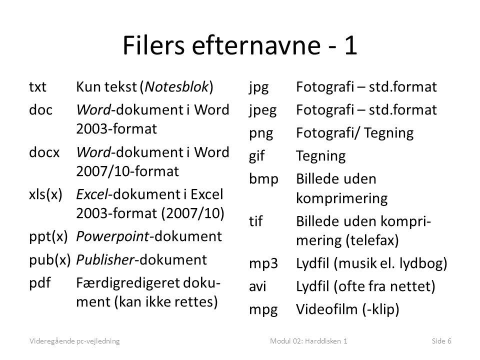 Filers efternavne - 1 txtKun tekst (Notesblok) docWord-dokument i Word 2003-format docxWord-dokument i Word 2007/10-format xls(x)Excel-dokument i Excel 2003-format (2007/10) ppt(x)Powerpoint-dokument pub(x)Publisher-dokument pdfFærdigredigeret doku- ment (kan ikke rettes) jpgFotografi – std.format jpegFotografi – std.format pngFotografi/ Tegning gifTegning bmpBillede uden komprimering tifBillede uden kompri- mering (telefax) mp3Lydfil (musik el.