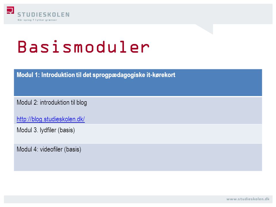 Basismoduler Modul 1: Introduktion til det sprogpædagogiske it-kørekort Modul 2: introduktion til blog   Modul 3.