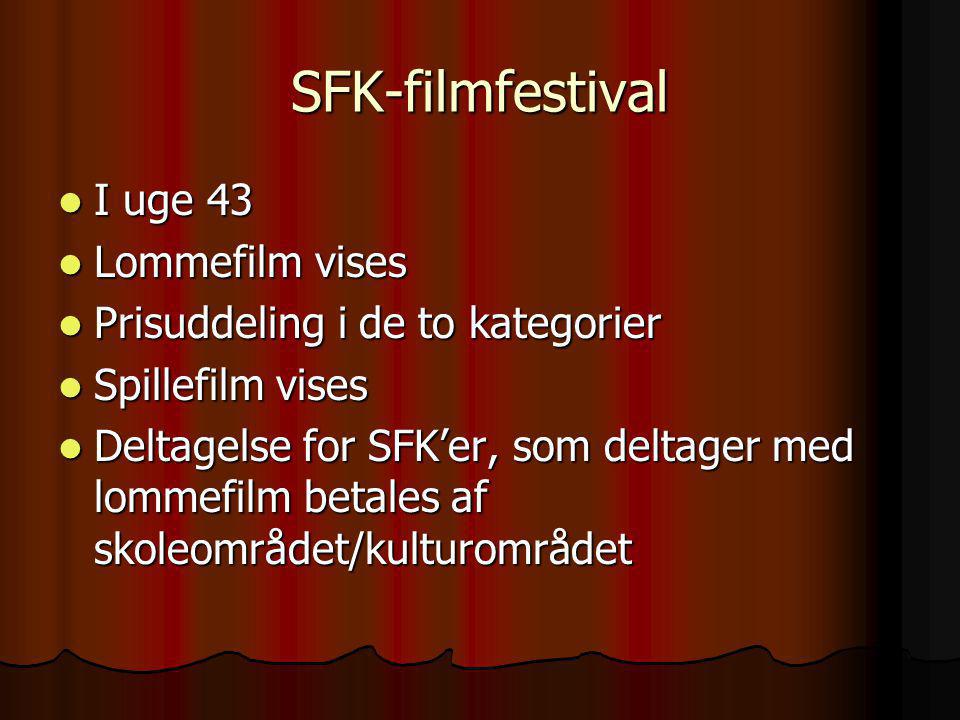 SFK-filmfestival  I uge 43  Lommefilm vises  Prisuddeling i de to kategorier  Spillefilm vises  Deltagelse for SFK’er, som deltager med lommefilm betales af skoleområdet/kulturområdet