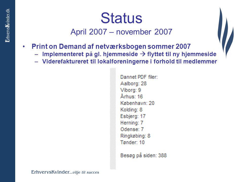 Status April 2007 – november 2007 •Print on Demand af netværksbogen sommer 2007 –Implementeret på gl.