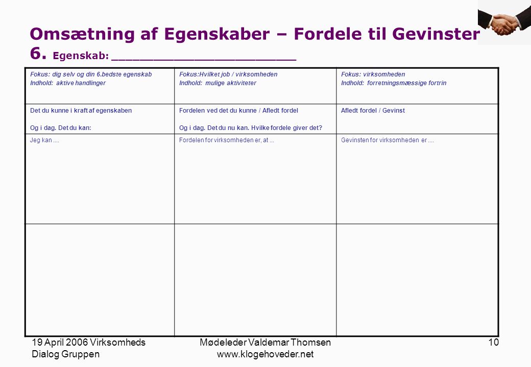 19 April 2006 Virksomheds Dialog Gruppen Mødeleder Valdemar Thomsen   10 Omsætning af Egenskaber – Fordele til Gevinster 6.