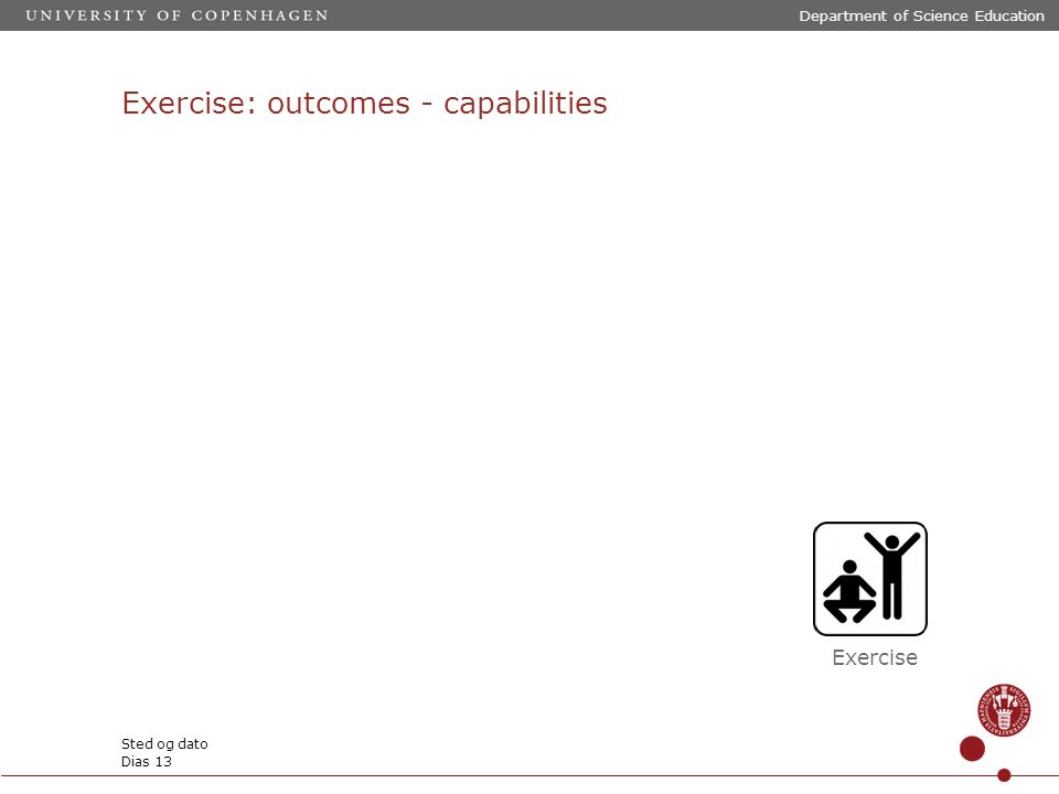 Exercise: outcomes - capabilities Department of Science Education Sted og dato Dias 13 Exercise