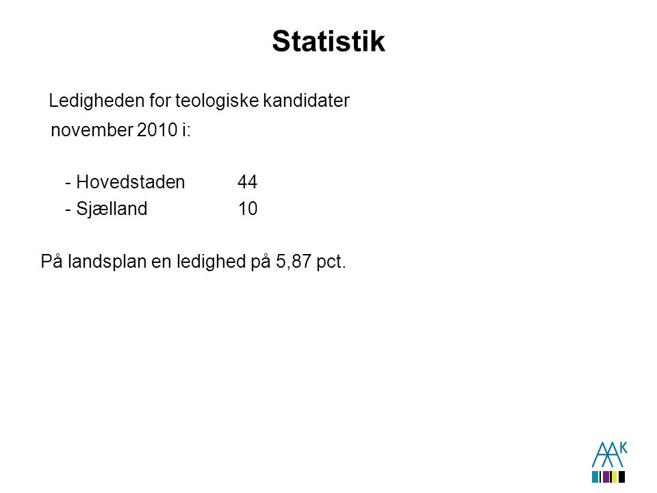 Statistik Ledigheden for teologiske kandidater november 2010 i: - Hovedstaden44 - Sjælland10 På landsplan en ledighed på 5,87 pct.