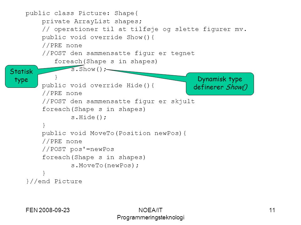FEN NOEA/IT Programmeringsteknologi 11 public class Picture: Shape{ private ArrayList shapes; // operationer til at tilføje og slette figurer mv.