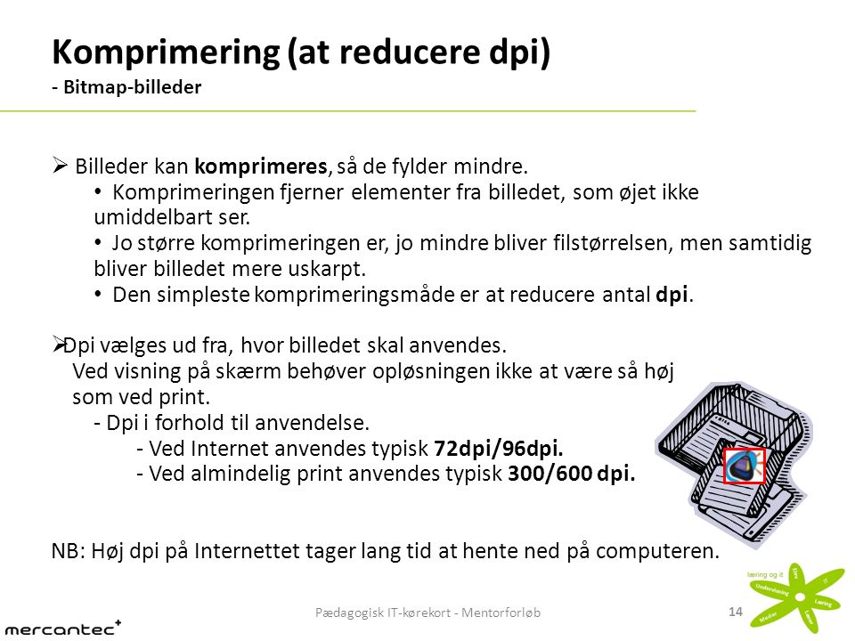 Pædagogisk IT-kørekort - Mentorforløb 14 Komprimering (at reducere dpi) - Bitmap-billeder 14  Billeder kan komprimeres, så de fylder mindre.