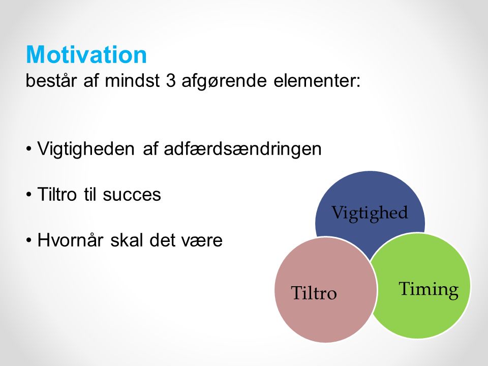 Motivation består af mindst 3 afgørende elementer: Vigtigheden af adfærdsændringen Tiltro til succes Hvornår skal det være Vigtighed TimingTiltro
