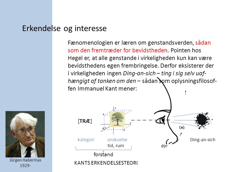 Erkendelse og interesse Jürgen Habermas kategori anskuelse Ding-an-sich tid, rum øje KANTS ERKENDELSESTEORI [TRÆ] Fænomenologien er læren om genstandsverden, sådan som den fremtræder for bevidstheden.