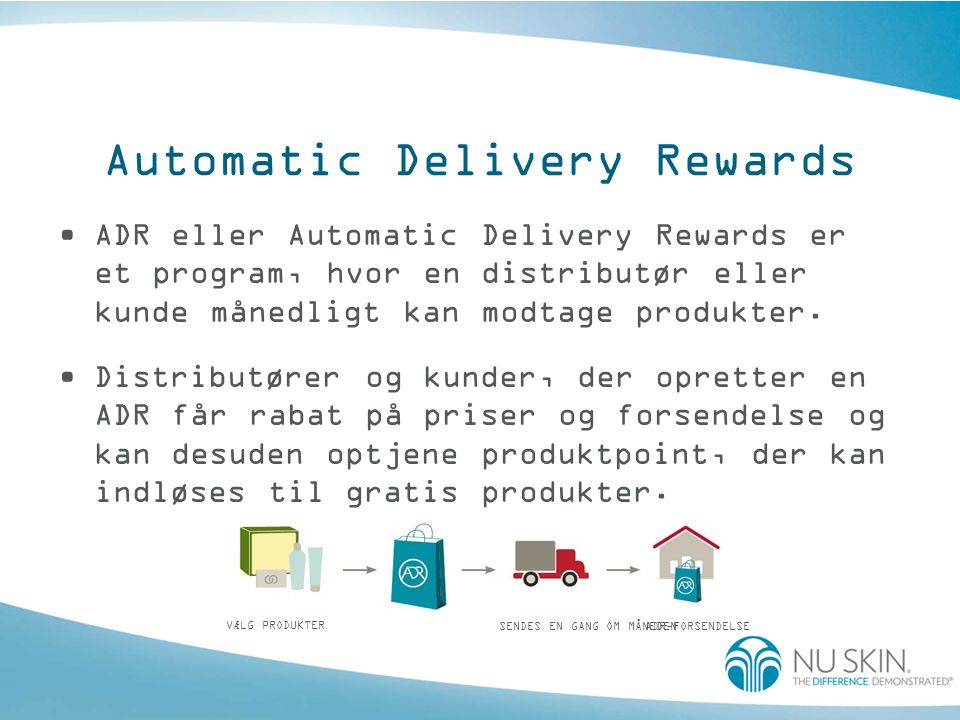 Automatic Delivery Rewards •ADR eller Automatic Delivery Rewards er et program, hvor en distributør eller kunde månedligt kan modtage produkter.