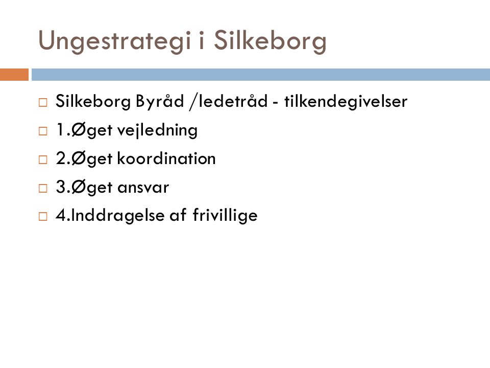 Ungestrategi i Silkeborg  Silkeborg Byråd /ledetråd - tilkendegivelser  1.Øget vejledning  2.Øget koordination  3.Øget ansvar  4.Inddragelse af frivillige