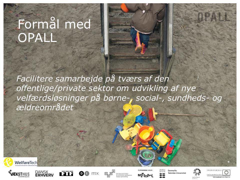 4 Formål med OPALL Facilitere samarbejde på tværs af den offentlige/private sektor om udvikling af nye velfærdsløsninger på børne-, social-, sundheds- og ældreområdet