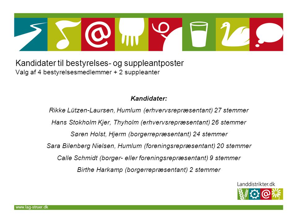 Kandidater: Rikke Lützen-Laursen, Humlum (erhvervsrepræsentant) 27 stemmer Hans Stokholm Kjer, Thyholm (erhvervsrepræsentant) 26 stemmer Søren Holst, Hjerm (borgerrepræsentant) 24 stemmer Sara Bilenberg Nielsen, Humlum (foreningsrepræsentant) 20 stemmer Calle Schmidt (borger- eller foreningsrepræsentant) 9 stemmer Birthe Harkamp (borgerrepræsentant) 2 stemmer Kandidater til bestyrelses- og suppleantposter Valg af 4 bestyrelsesmedlemmer + 2 suppleanter