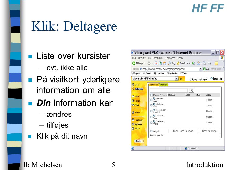 Introduktion HF FF Ib Michelsen5 Klik: Deltagere n Liste over kursister –evt.