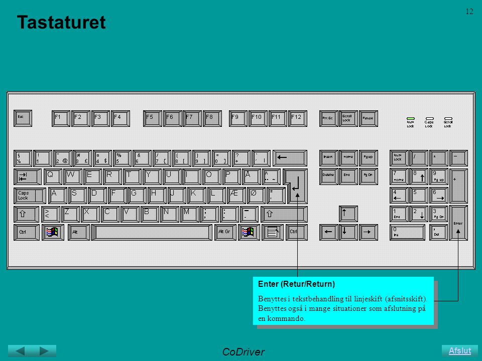 CoDriver Afslut 12 Tastaturet Enter (Retur/Return) Benyttes i tekstbehandling til linjeskift (afsnitsskift).