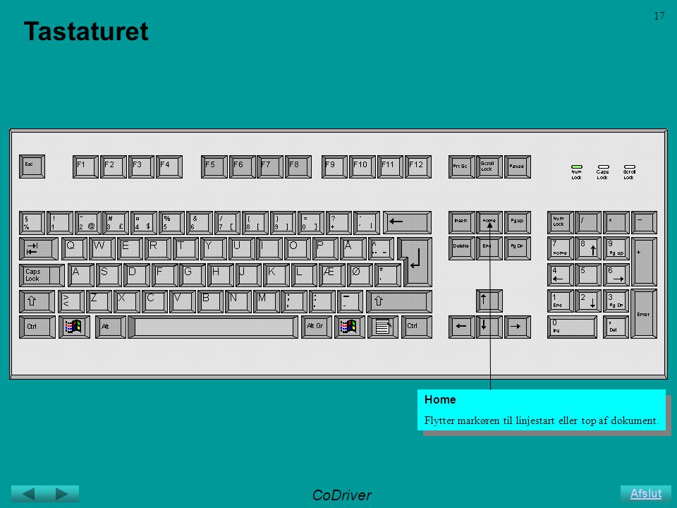 CoDriver Afslut 17 Tastaturet Home Flytter markøren til linjestart eller top af dokument.