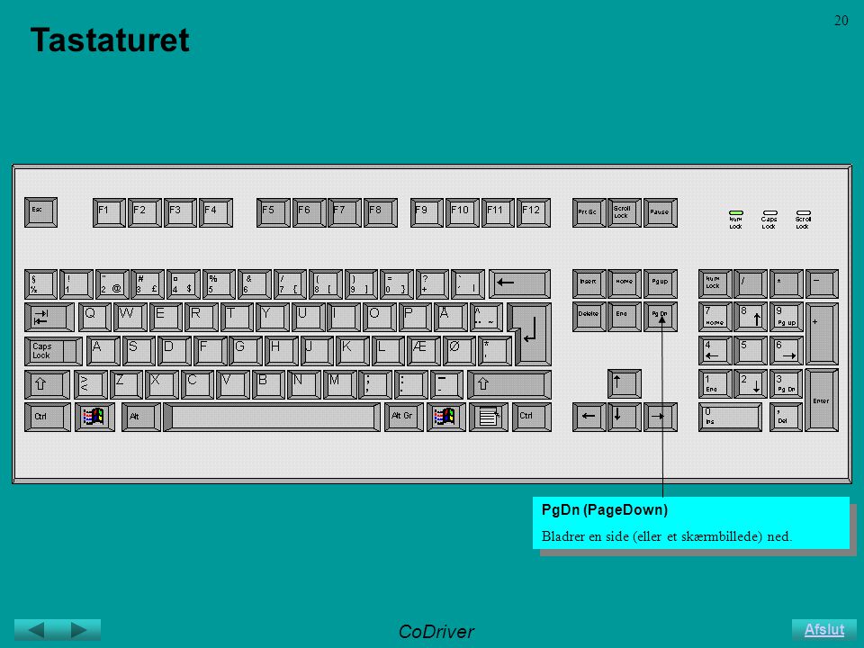 CoDriver Afslut 20 Tastaturet PgDn (PageDown) Bladrer en side (eller et skærmbillede) ned.