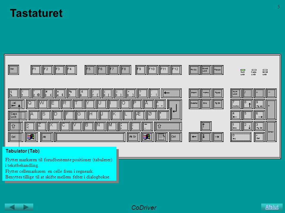 CoDriver Afslut 5 Tastaturet Tabulator (Tab) Flytter markøren til forudbestemte positioner (tabulerer) i tekstbehandling.