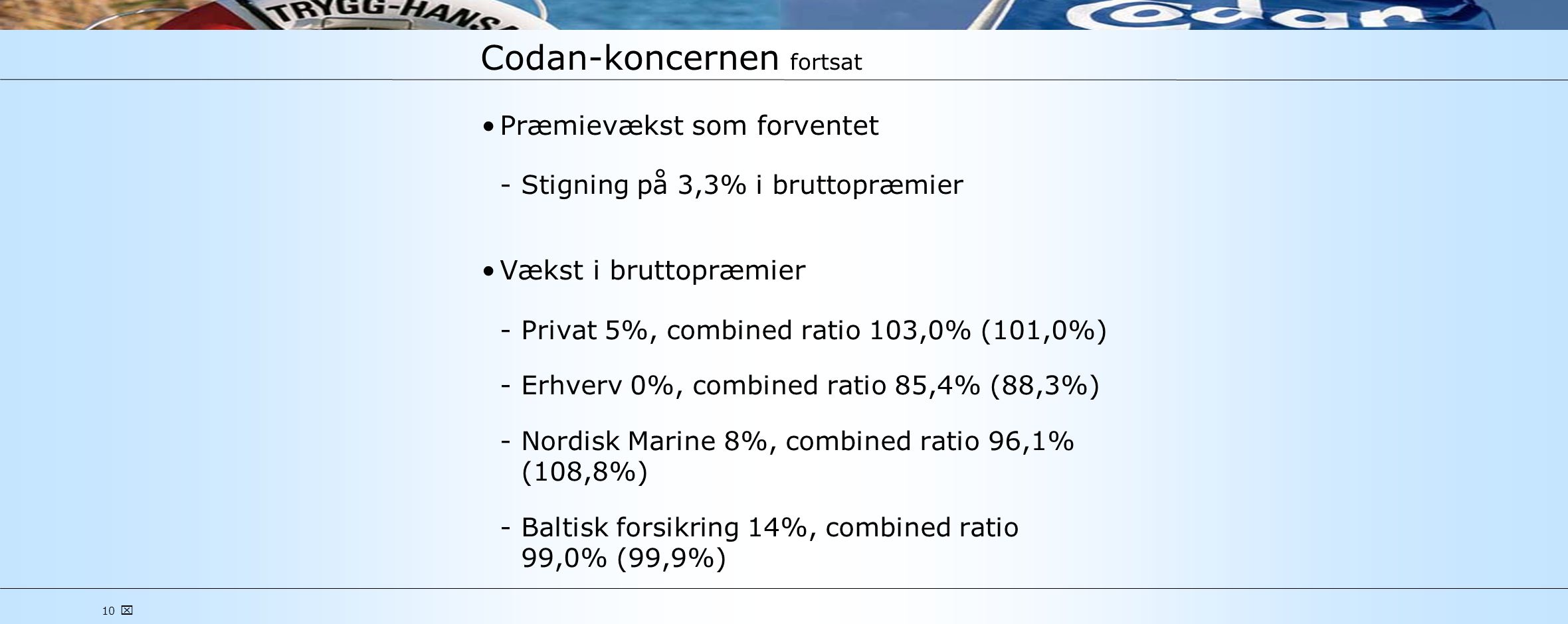 10  Codan-koncernen fortsat •Præmievækst som forventet ­Stigning på 3,3% i bruttopræmier •Vækst i bruttopræmier ­Privat 5%, combined ratio 103,0% (101,0%) ­Erhverv 0%, combined ratio 85,4% (88,3%) ­Nordisk Marine 8%, combined ratio 96,1% (108,8%) ­Baltisk forsikring 14%, combined ratio 99,0% (99,9%)