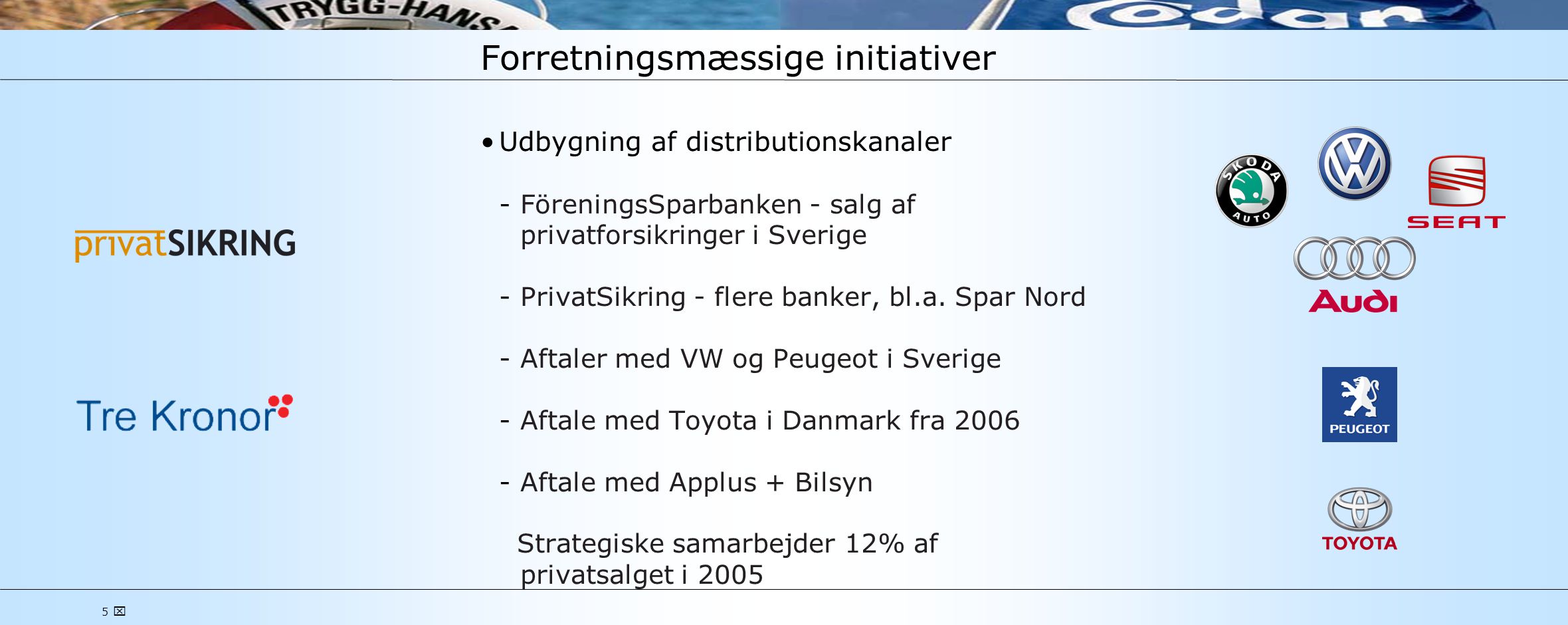 5  Forretningsmæssige initiativer •Udbygning af distributionskanaler ­FöreningsSparbanken - salg af privatforsikringer i Sverige ­PrivatSikring - flere banker, bl.a.