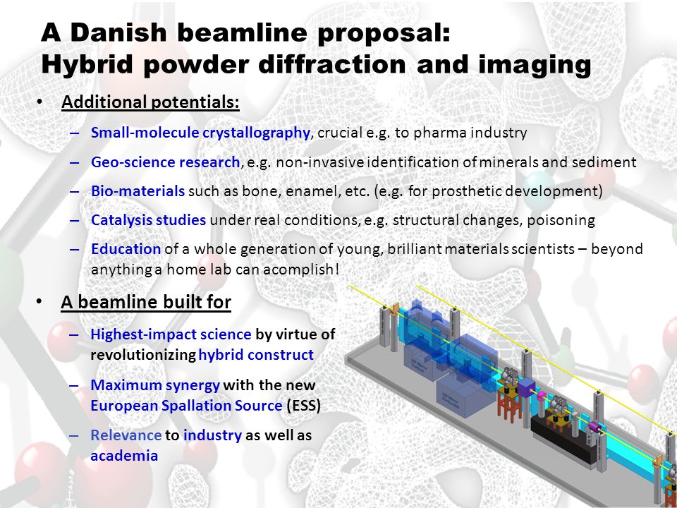 A Danish beamline proposal: Hybrid powder diffraction and imaging • Additional potentials: – Small-molecule crystallography, crucial e.g.