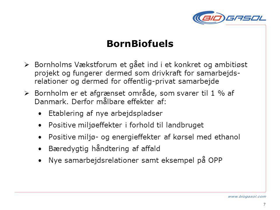 7 BornBiofuels  Bornholms Vækstforum et gået ind i et konkret og ambitiøst projekt og fungerer dermed som drivkraft for samarbejds- relationer og dermed for offentlig-privat samarbejde  Bornholm er et afgrænset område, som svarer til 1 % af Danmark.