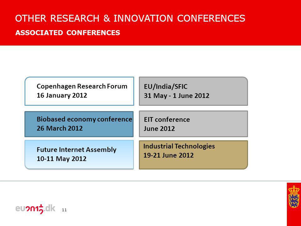ASSOCIATED CONFERENCES OTHER RESEARCH & INNOVATION CONFERENCES 11 Biobased economy conference 26 March 2012 EIT conference June 2012 Future Internet Assembly May 2012 Copenhagen Research Forum 16 January 2012 EU/India/SFIC 31 May - 1 June 2012 Industrial Technologies June 2012