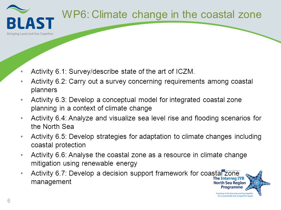 WP6: Climate change in the coastal zone •Activity 6.1: Survey/describe state of the art of ICZM.