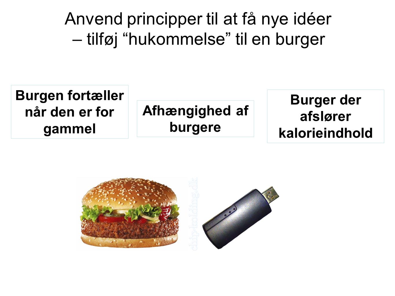 Anvend principper til at få nye idéer – tilføj hukommelse til en burger Afhængighed af burgere Burger der afslører kalorieindhold Burgen fortæller når den er for gammel