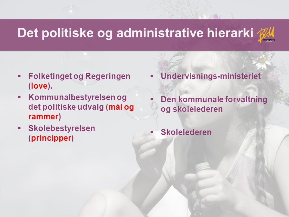 Det politiske og administrative hierarki  Folketinget og Regeringen (love).