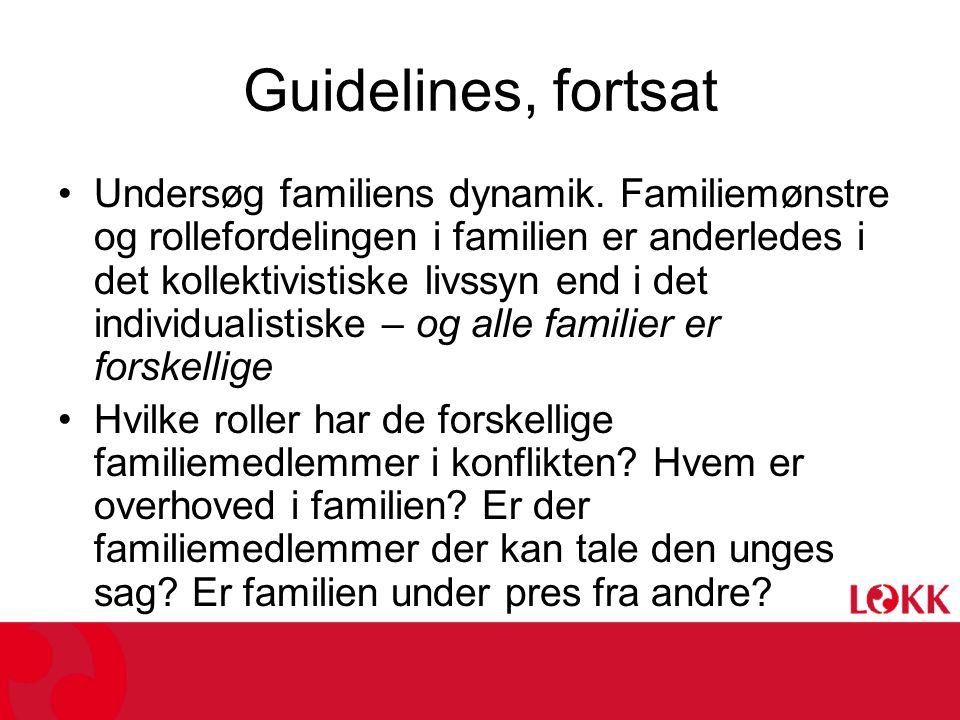 Guidelines, fortsat •Undersøg familiens dynamik.
