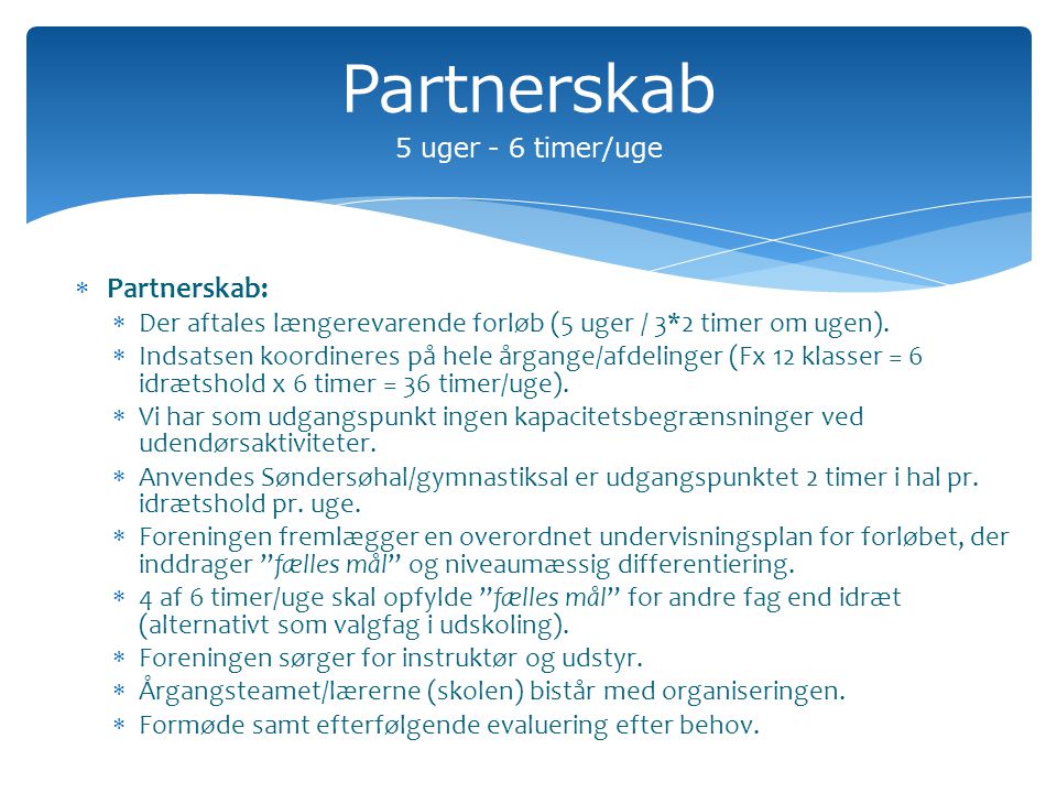  Partnerskab:  Der aftales længerevarende forløb (5 uger / 3*2 timer om ugen).