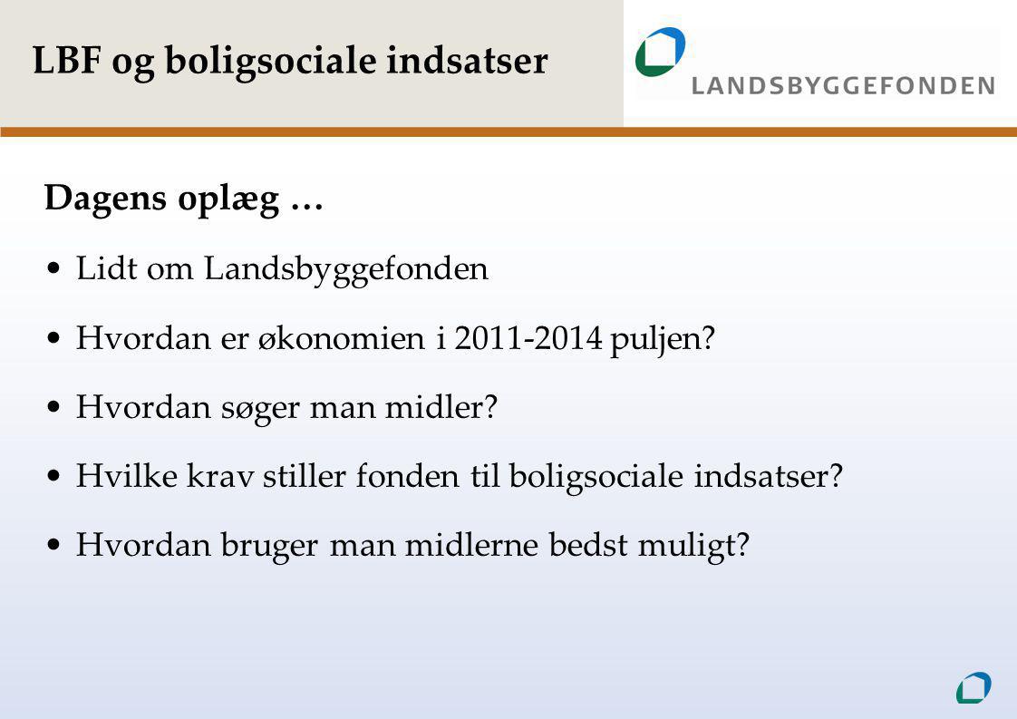 LBF og boligsociale indsatser Dagens oplæg … •Lidt om Landsbyggefonden •Hvordan er økonomien i puljen.