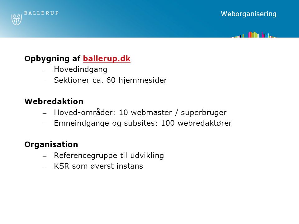 Weborganisering Opbygning af ballerup.dkballerup.dk –Hovedindgang –Sektioner ca.
