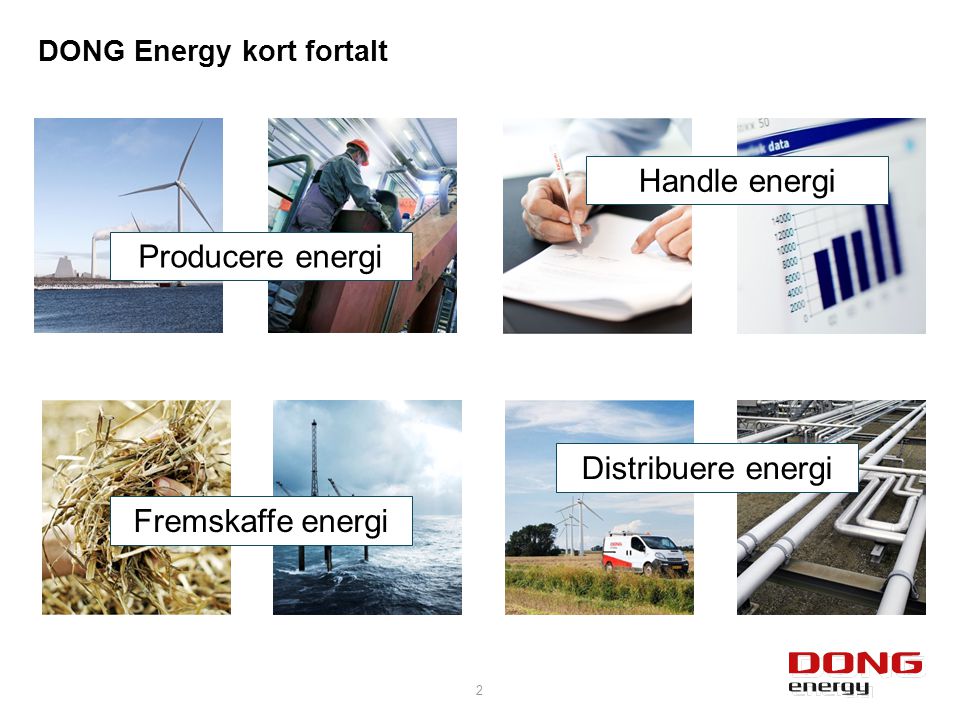 DONG Energy kort fortalt 2 Fremskaffe energi Distribuere energi Producere energi Handle energi