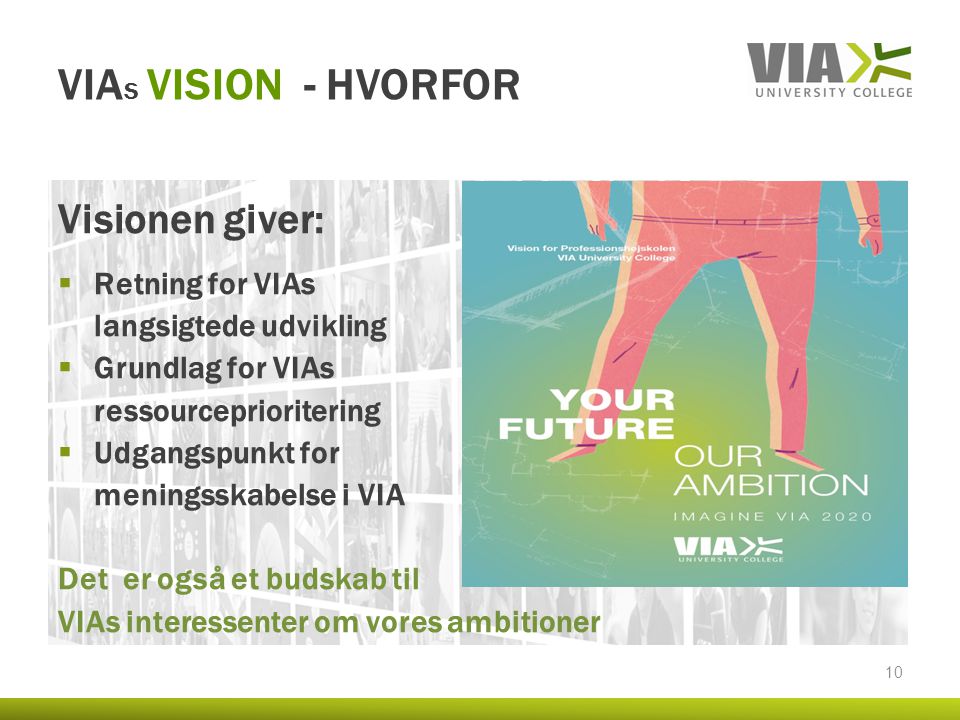 VIA S VISION - HVORFOR Visionen giver:  Retning for VIAs langsigtede udvikling  Grundlag for VIAs ressourceprioritering  Udgangspunkt for meningsskabelse i VIA Det er også et budskab til VIAs interessenter om vores ambitioner 10