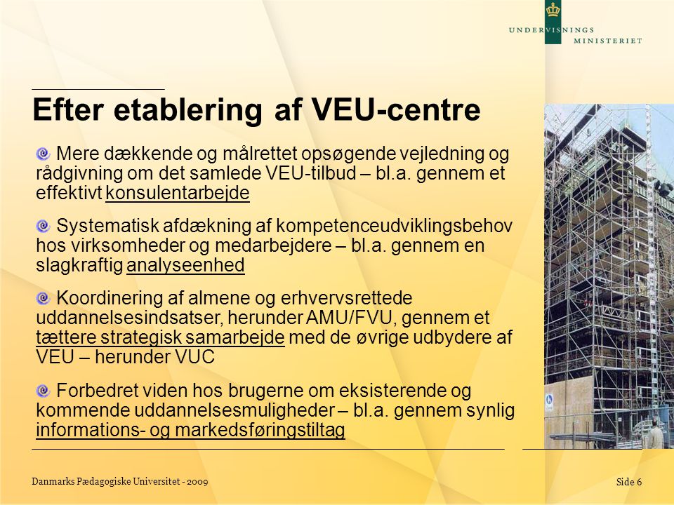 Danmarks Pædagogiske Universitet Side 6 Efter etablering af VEU-centre Mere dækkende og målrettet opsøgende vejledning og rådgivning om det samlede VEU-tilbud – bl.a.