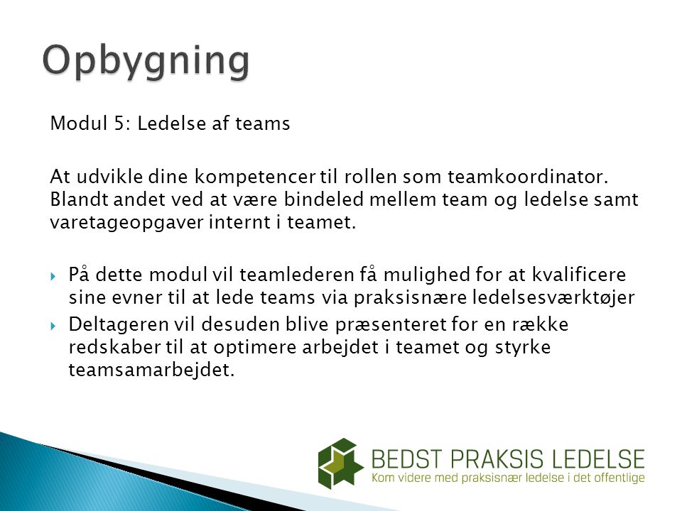 Modul 5: Ledelse af teams At udvikle dine kompetencer til rollen som teamkoordinator.