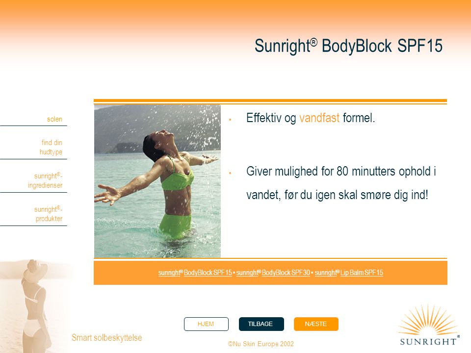 HJEMTILBAGENÆSTE solen find din hudtype sunright ® - ingredienser sunright ® - produkter ©Nu Skin Europe 2002 Smart solbeskyttelse Sunright ® BodyBlock SPF15  Effektiv og vandfast formel.