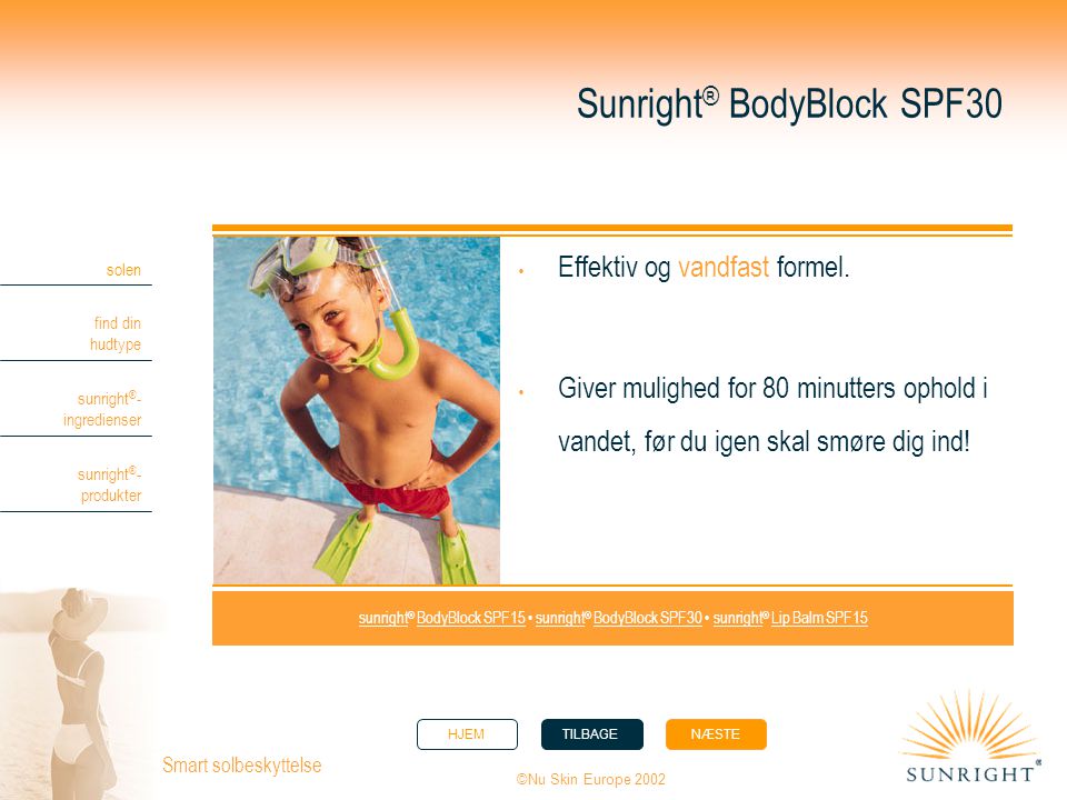 HJEMTILBAGENÆSTE solen find din hudtype sunright ® - ingredienser sunright ® - produkter ©Nu Skin Europe 2002 Smart solbeskyttelse Sunright ® BodyBlock SPF30  Effektiv og vandfast formel.