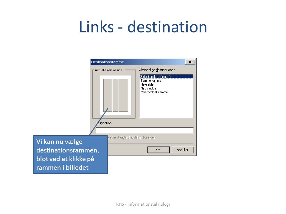 Links - destination Vi kan nu vælge destinationsrammen, blot ved at klikke på rammen i billedet RHS - Informationsteknologi