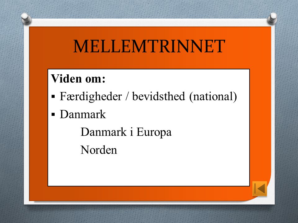 MELLEMTRINNET Viden om:  Færdigheder / bevidsthed (national)  Danmark Danmark i Europa Norden