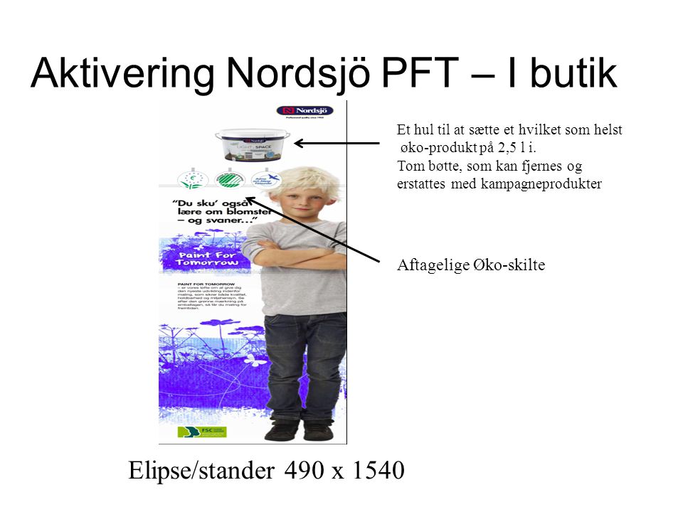 Aktivering Nordsjö PFT – I butik Elipse/stander 490 x 1540 Et hul til at sætte et hvilket som helst øko-produkt på 2,5 l i.