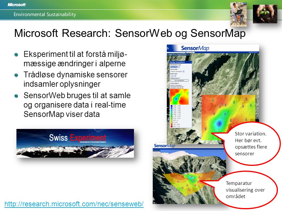 Microsoft Research: SensorWeb og SensorMap Eksperiment til at forstå miljø- mæssige ændringer i alperne Trådløse dynamiske sensorer indsamler oplysninger SensorWeb bruges til at samle og organisere data i real-time SensorMap viser data   Temparatur visualisering over området Stor variation.