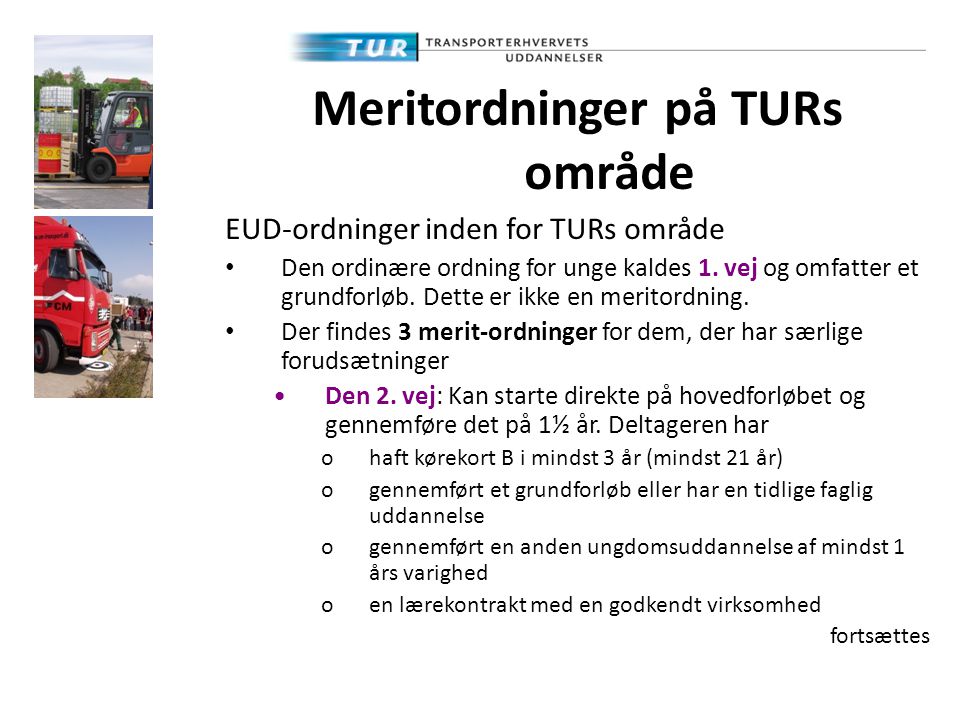 Meritordninger på TURs område EUD-ordninger inden for TURs område • Den ordinære ordning for unge kaldes 1.