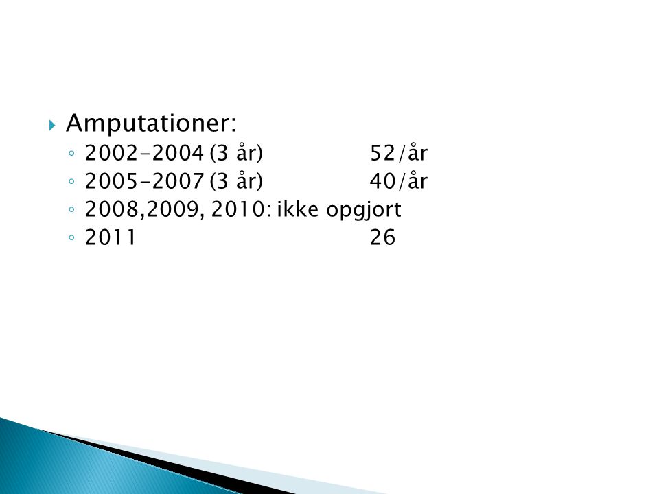  Amputationer: ◦ (3 år)52/år ◦ (3 år)40/år ◦ 2008,2009, 2010: ikke opgjort ◦