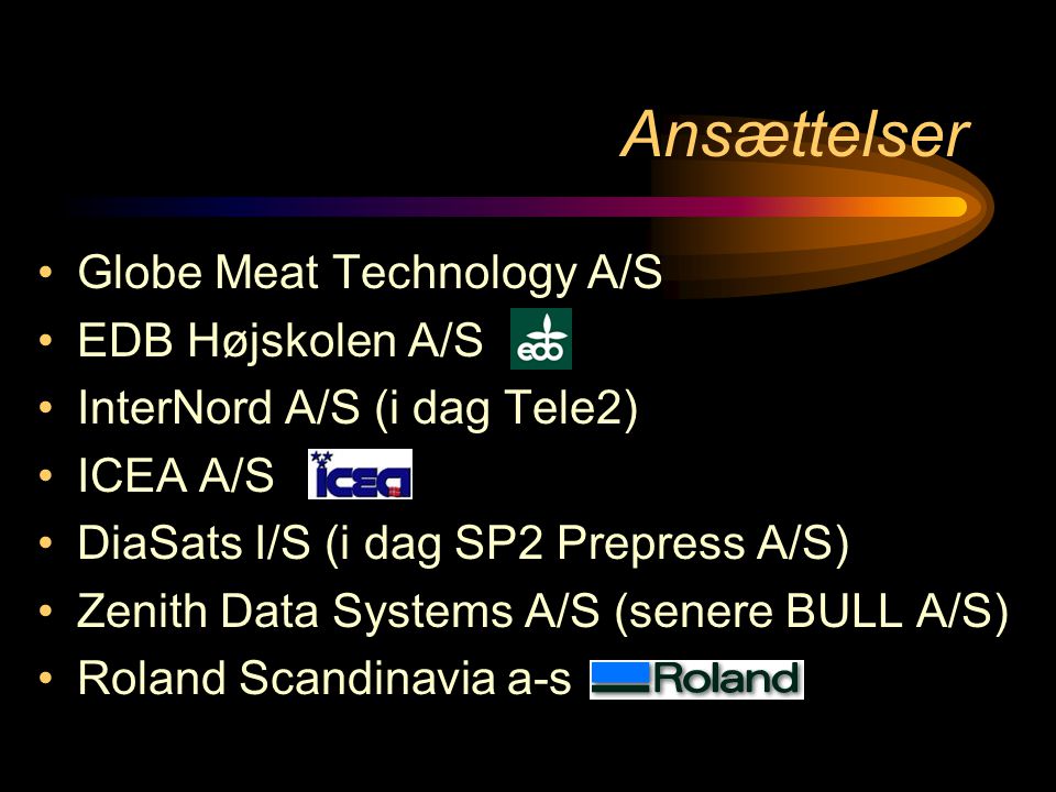 Ansættelser •Globe Meat Technology A/S •EDB Højskolen A/S •InterNord A/S (i dag Tele2) •ICEA A/S •DiaSats I/S (i dag SP2 Prepress A/S) •Zenith Data Systems A/S (senere BULL A/S) •Roland Scandinavia a-s
