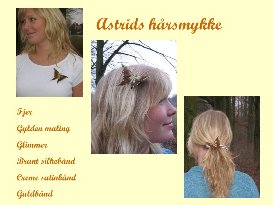 Astrids hårsmykke Fjer Gylden maling Glimmer Brunt silkebånd Creme satinbånd Guldbånd